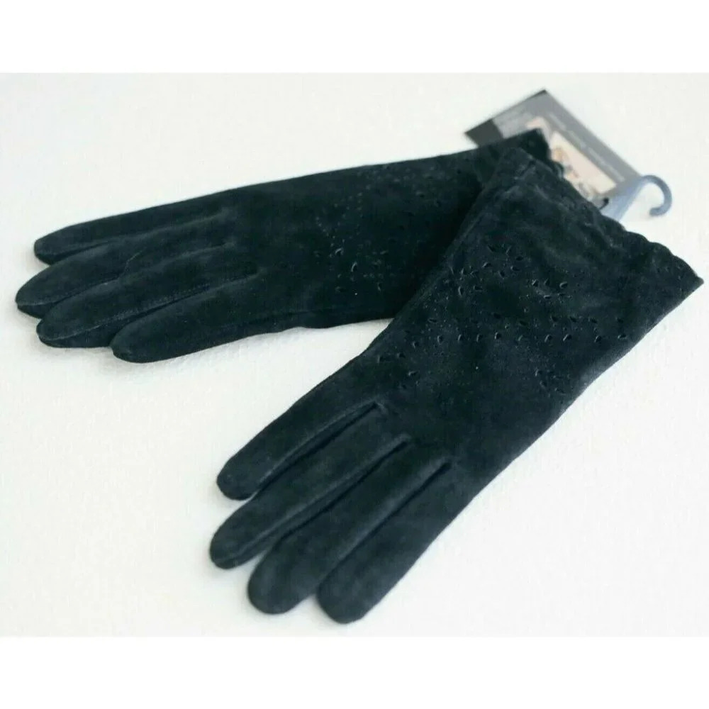 Di Firenze Black Suede Gloves with Laser Cut Detail  Scalloped Edge S